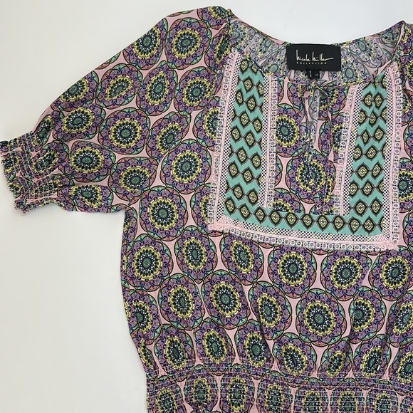 Nicole Miller Glassflower Silk Blend Peasant Top Blouse Medium Puff Slee… - Picture 8 of 16